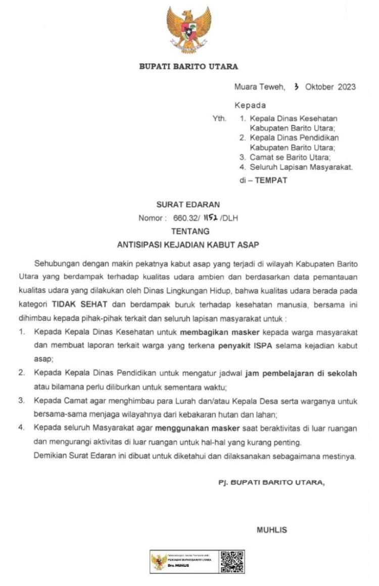 Pj Bupati Barut Keluarkan SE Tentang Antisipasi Kabut Asap