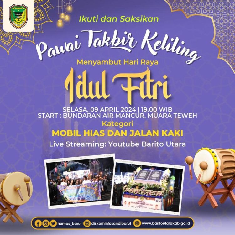 Sambut Hari Raya Idul Fitri 1445 H,  PHBI bersama Pemkab Kabupaten Barut Gelar Pawai Takbir Akbar 