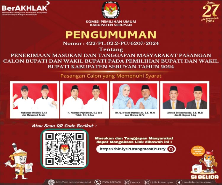 4 Paslon Pilkada Seruyan Dinyatakan Memenuhi Syarat, KPU Buka Tanggapan Masyarakat