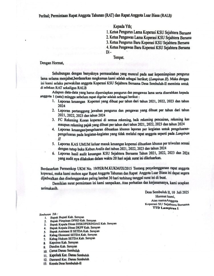 Pengurus Lama KSU Sejahtera Bersama Wajib Sampaikan SPJ Selama Menjabat