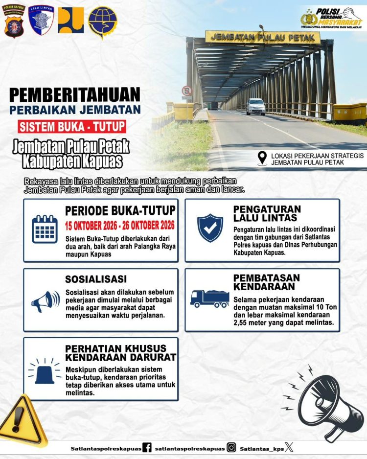 Perbaikan Jembatan Pulau Petak Kapuas Dimulai 15 Oktober, Sistem Buka-Tutup Diterapkan